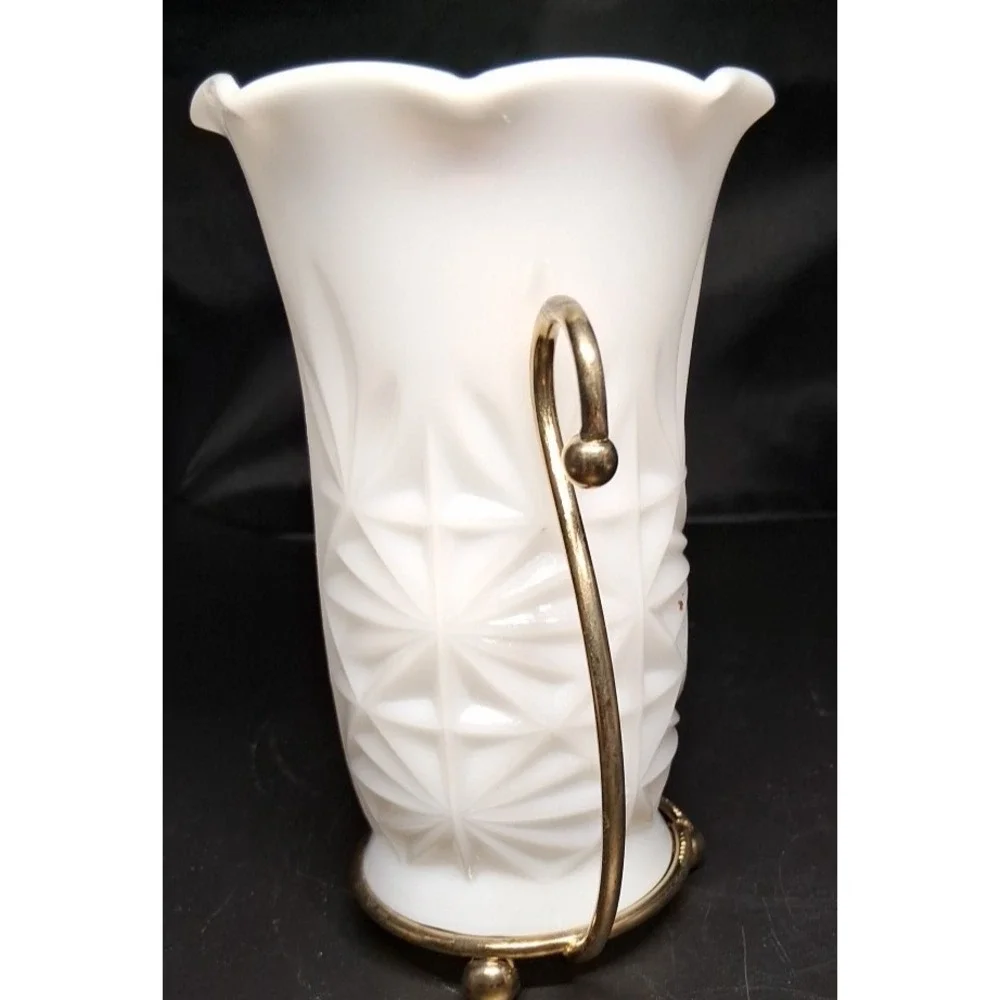 Vintage Hazel Atlas Milk Glass Vase with Metal Stand‎